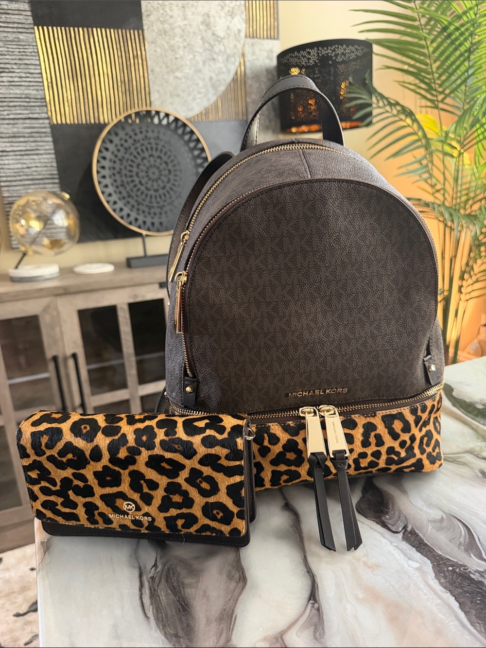 Michael Kors Brown Backpack with Leopard-Print Wallet